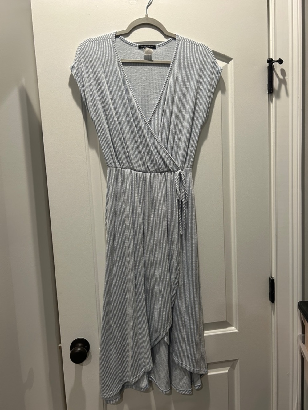 Caution To The Wind Light Blue & White Striped Wrap Midi Dress